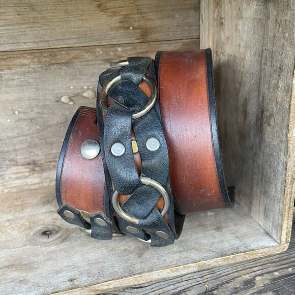 Vintage Biker Motorcycle Belt Leather Strap Black /  Brown with Rings & Rivets - Picture 12 of 14